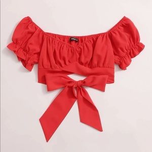 Tied Hem Puff Sleeve Crop Top
